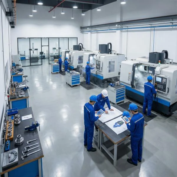 Professional CNC machining factory workshop in Guangzhou Pearl River Delta with precision equipment for vintage machine parts manufacturing